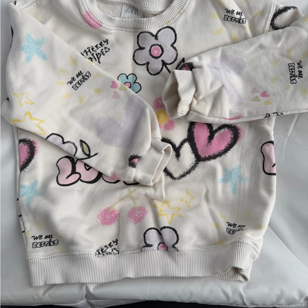 Zara Kids Cream Graphic Sweatshirt with Pink and Yellow Accents